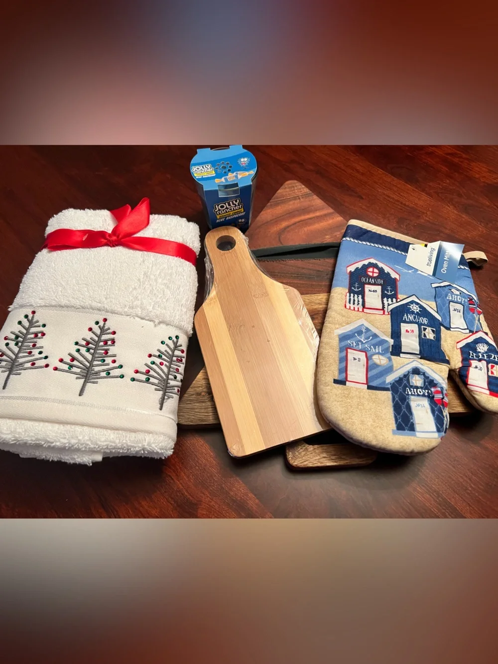 Holiday Kitchen Towel Set with Blue Nautical Oven Mitts and Bamboo Cutting Board